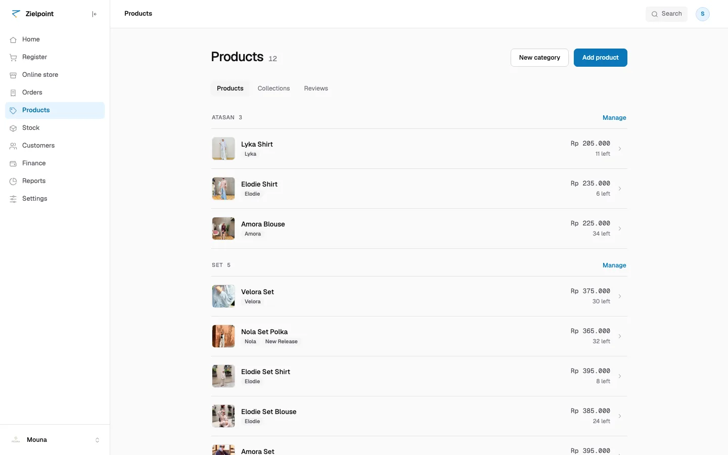 The catalogue with photos, variants and stock in one list.